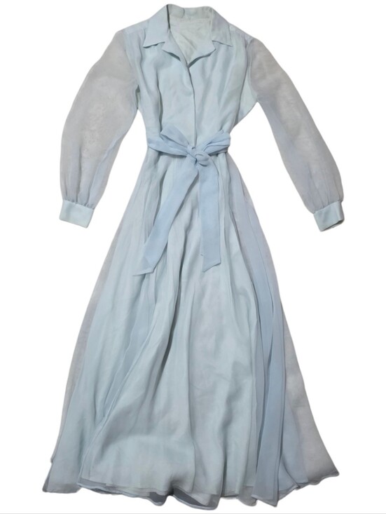 Dresses & Skirts - Beautiful light blue long sleeve maxi  vintage sheer collared dress with Tie
